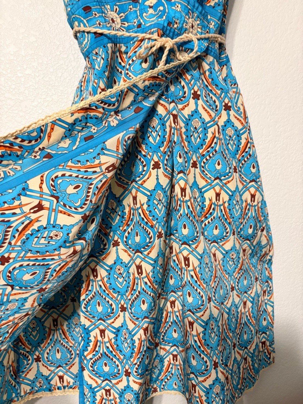 Plenty by Tracy Reese  Silk Turquoise Printed V-Neck Midi Wrap Dress w Rope Tie - Picture 5 of 15